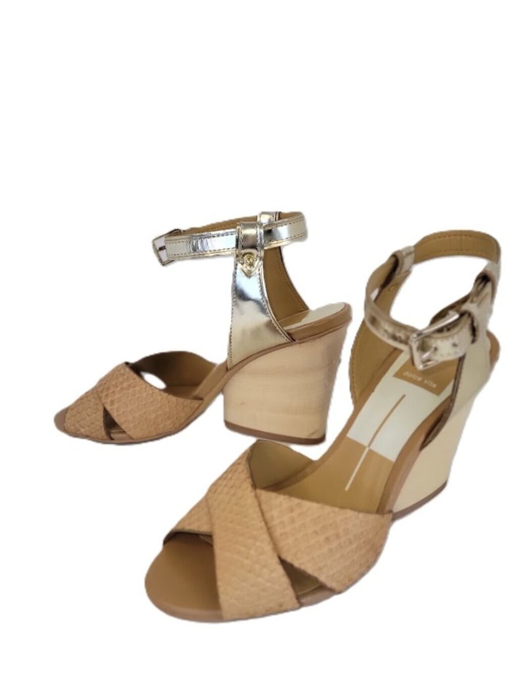 Dolce‎ Vita Sandals Wood Wedge Tan Ankle Straps Women's Size 6.5